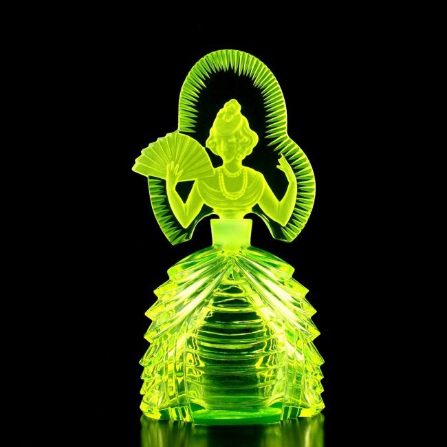 Art Deco 1930' Bohemian Vaseline Uranium Glass Collectible Perfume Bottle: Top Quality Art Deco Vaseline Uranium Glass Perfume Bottle. This piece was made in Bohemia from ORIGINAL antique molds that were used during the 1930's - 1939's. It is breathtaking high quality satin 
