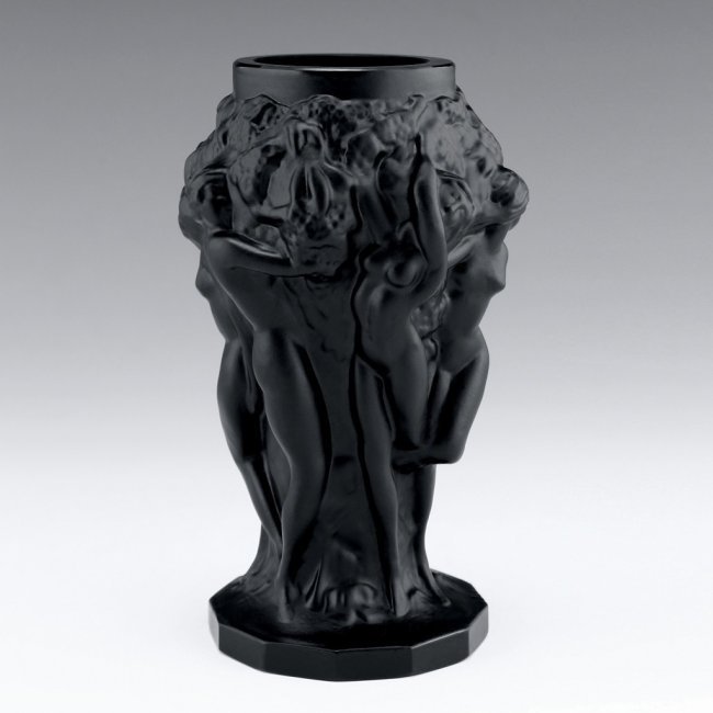 Art Deco Black Glass Vase 1930' H.Hoffmann by Lalique: Top Quality Art Deco Black Glass Vase with raised figures of revelling bacchantes around the full circumference exhibiting excellent colour and detail. This vase was originally made by LALIQUE. This p