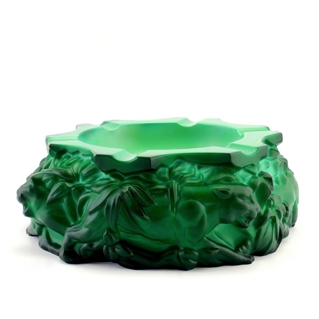 Art Deco Bohemian Malachite Jade Glass ' Panthers ' Large Ashtray 1930' H.Hoffmann (1 of 2)