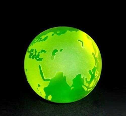 Czech Yellow Uranium Vaseline Art Glass Globe Paperweight: CZECH YELLOW URANIUM VASELINE Glass Ball PAPERWEIGHT Hand made art work paperweight. Smooth Globe Sphere with facet on the bottom for better stability. Made of bright yellow translucent glass. Dyed wi