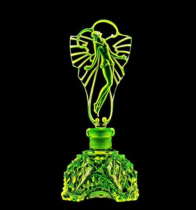 Art Deco 1930' Bohemian Vaseline Glass Collectible Perfume Bottle (1 of 2)