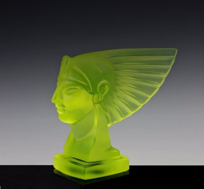 France Art Deco 1930' Pharaoh Head ' Vaseline Glass Car Mascot: 'Pharaoh Head'. This piece is a great addition to collection or a great gift. Timeless design - Top Qality Art Deco Vaseline Glass Car Mascot Hood Ornament Emblem Figurine for Classic, old, veteran ca
