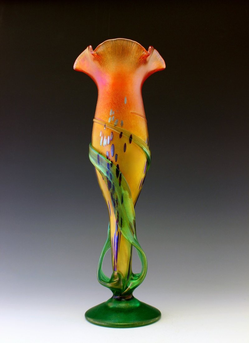 Art Nouveau Glass Vase Glamorous Tiffany or Loetz Decor: Art Nouveau Iridescent Art Glass Loetz or Tiffany Studios Decor. This piece is a great addition to collection or a great gift. Extraordinary beautiful piece of the finest quality glass. Dimensions: He