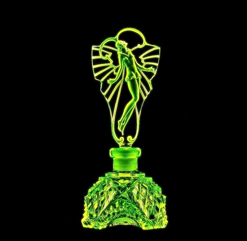 Art Deco 1930' Bohemian Vaseline Glass Collectible Perfume Bottle (1 of 3)
