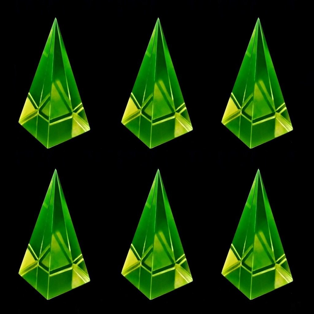 CZECH URANIUM VASELINE GLASS 6 PYRAMIDS (1 of 2)