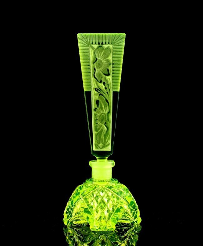 Art Deco 1930' Vaseline Glass Bohemian Collectible Perfume Bottle (1 of 2)