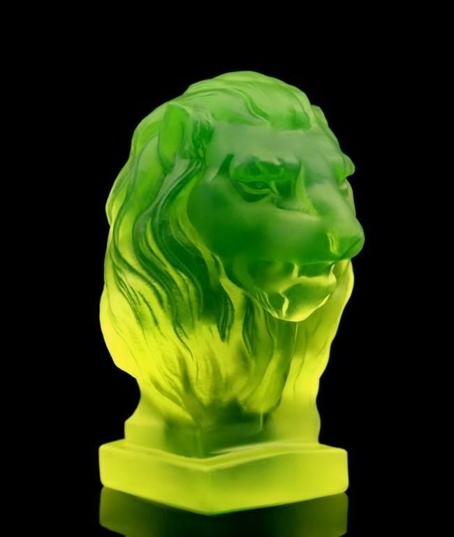 Art Deco Statue Vaseline Uranium Collectible Glass ' Lion ' Car Mascot H.Hoffmann by Lalique (1 of 3)