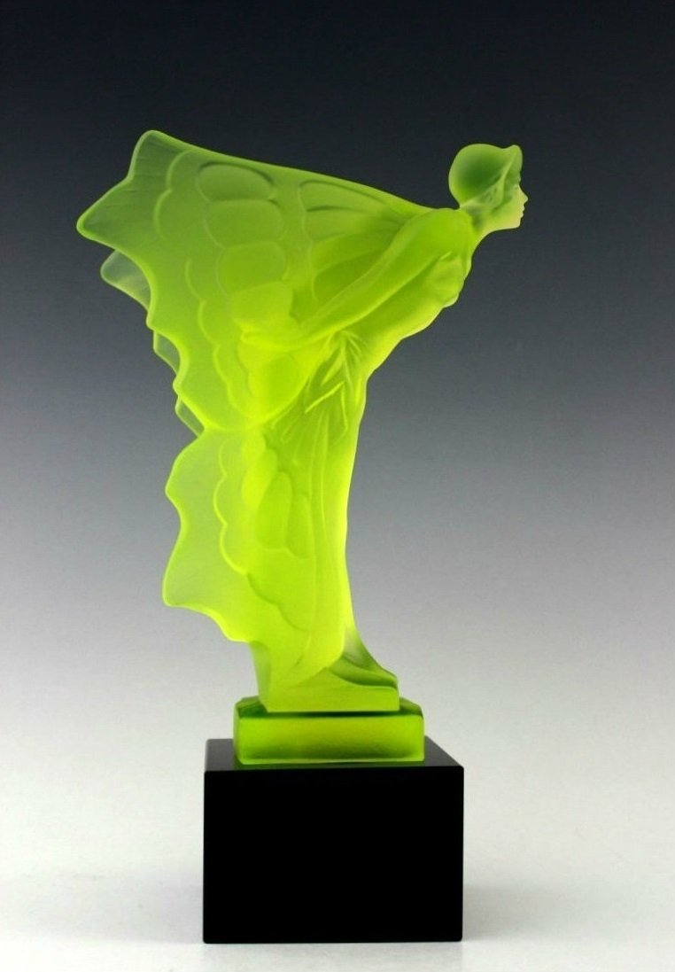 Art Deco Vaseline Uranium Glass Sculpture Rolls Royce ' Flying Lady ' 1930' H.Hoffmann by Lalique (1 of 6)