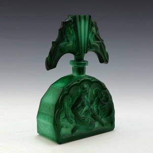 Glamorous Art Deco 1930' H.Hoffmann Malachite Collectible Glass Perfume Bottle: Top Quality Art Deco Malachite Collectible Glass Perfume Bottle. This piece was made in Bohemia from ORIGINAL antique molds that were used during the 1930's - 1939's. It is breathtaking high quality