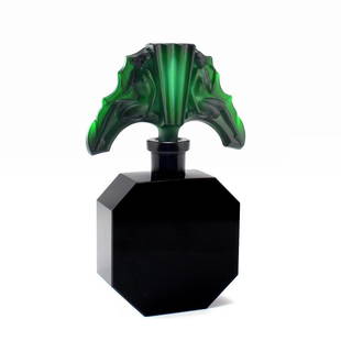 Art Deco 1930' Bohemian Black Collectible Glass Perfume Bottle Heinrich Hoffmann: 1930's Hoffmann-Czechoslovakian Black Perfume Bottle With Malachite Stopper. This piece is a great addition to collection or agreat gift. Top Quality Art Deco Black Glass Perfume Bottle. This piece wa