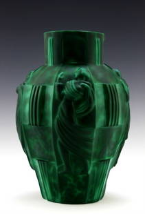 Art Deco Jade Malachite Glass Large Vase 1930' H.Hoffmann: Fantastic Art Deco Malachite Collectible Glass Large Bacchantes Vase. It is breathtaking high quality satin finish glass Vase in stylish Art Deco French design. This piece was made in Bohemia from ORI