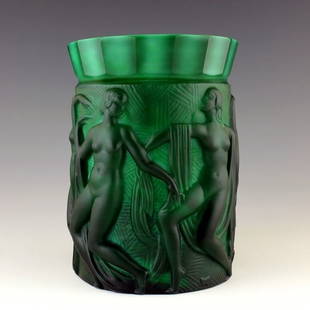 Art Deco Jade Malachite Collectible Glass Vase 1930' H.Hoffmann: Top Quality Malachite Collectible Glass Vase with raised figures of revelling bacchantes around the full circumference exhibiting excellent colour and detail. This piece was made in Bohemia from ORIGI