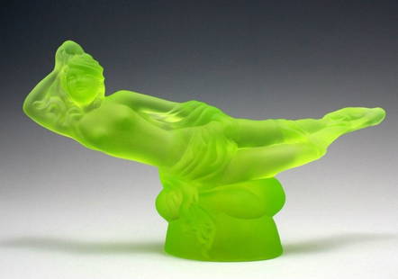 Art Deco Bohemian Vaseline Uranium Art Glass ' Lady ' Large Sculpture 1930' H.Hoffmann: This piece is a great addition to collection or a great gift. Timeless design - Top Qality Art Deco Glass ' Lady ' Sculpture. This piece was made in Bohemia from the ORIGINAL antique vintage molds tha