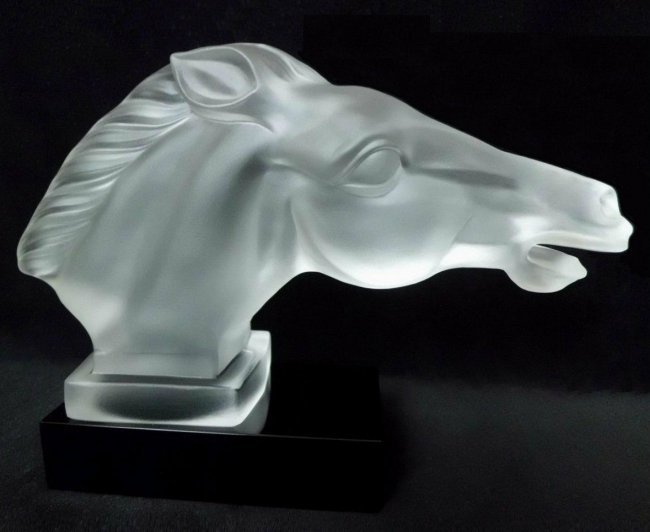Bohemian Art Deco Clear Frosted Glass ' Head Horse ' 1930' H.Hoffmann Sculpture: This piece is a great addition to collection or a great gift. Top Quality Art Deco Clear Frosted Glass Car Mascot. This piece was made in Bohemia from ORIGINAL antique molds that were used during the 
