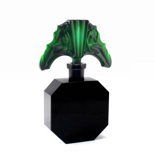 Art Deco 1930' Bohemian Black Collectible Glass Perfume Bottle Heinrich Hoffmann: 1930's Hoffmann-Czechoslovakian Black Perfume Bottle With Malachite Stopper. This piece is a great addition to collection or agreat gift. Top Quality Art Deco Black Collectible Glass Perfume Bottle.