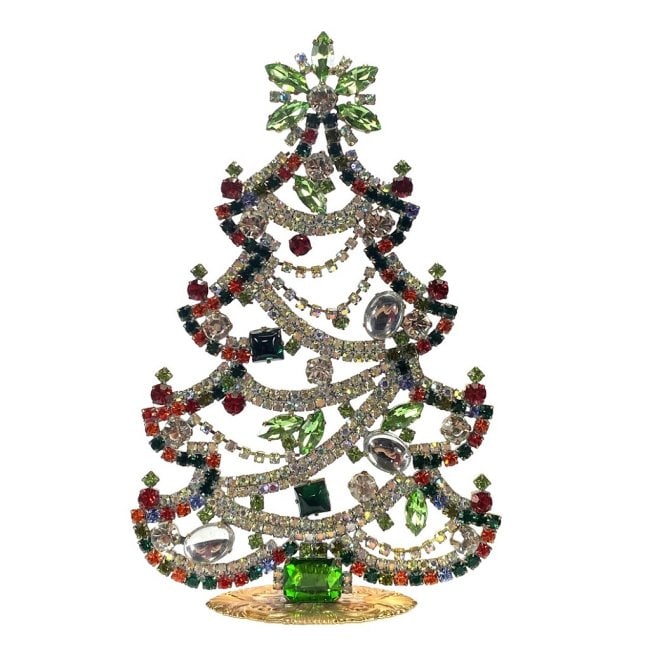 Vintage Rhinestones Standing Decorative Ornament Large Christmas Tree: Vintage Standing Christmas Tree. Made in Czechoslovakia. Excellent condition. No missing stones. No damage. It measures approximately 7 ''. Fast delivery time worldwide: 2-6 days.