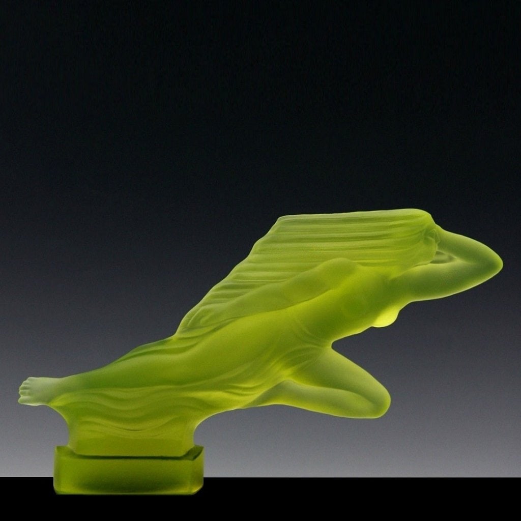 Art Deco Vaseline Uranium Glass ' Lady In The Wind ' Hood Ornament Sculpture 1930' H.Hoffmann (1 of 3)