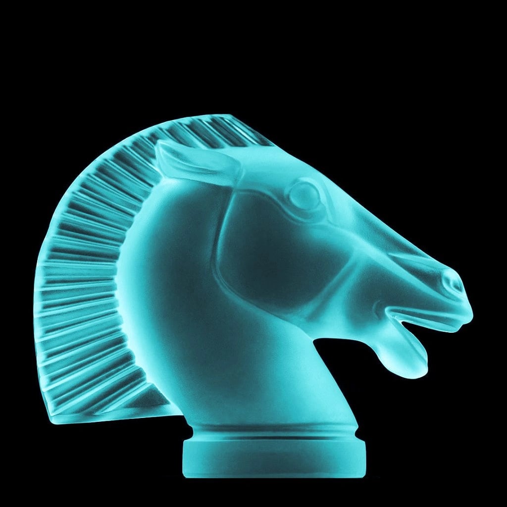 Art Deco Hood Ornament ' Head Horse ' Aquamarine Vaseline Glass 1930' H.Hoffmann by Lalique: Top Quality Aquamarine Cyan Vaseline Glass. This piece was made in Bohemia from ORIGINAL antique molds that were used during the 1930's - 1939's. It is breathtaking high quality satin finish glass scu