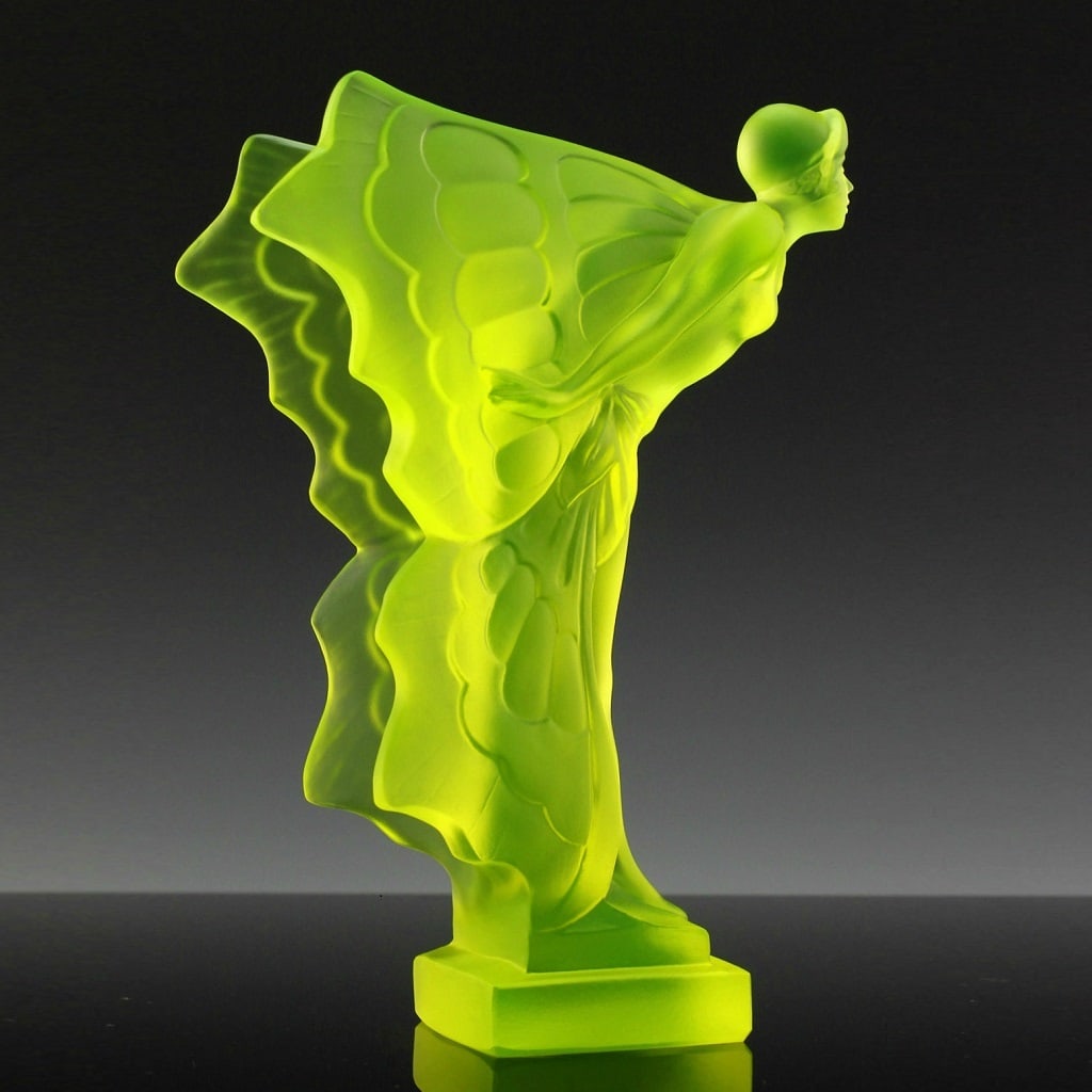 Art Deco Yellow Vaseline Uranium Glass Rolls Royce ' Flying Lady ' 1930' H.Hoffmann Sculpture (1 of 5)