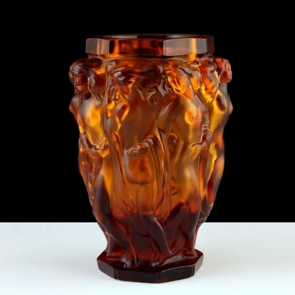 Art Deco Glass Bacchantes Vases 1930' H.Hoffmann: This piece is a great addition to collection or a great gift. Top Quality Amber Collectible Glass Vase with raised figures of revelling bacchantes around the full circumference exhibiting excellent co