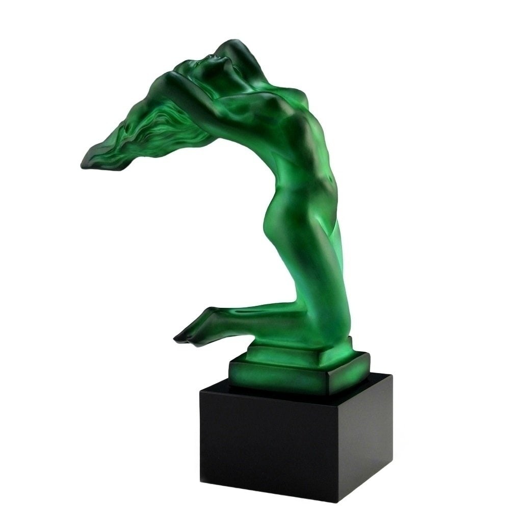 Art Deco Sculpture ' Chrysis ' Malachite Jade Glass Hood Ornament 1930' H.Hoffmann: This piece is a great addition to collection or a great gift. Timeless design - Top Qality Art Deco Malachite Glass Car Mascot Hood Ornament ' Lady ' sculpture. This piece was made in Bohemia from the