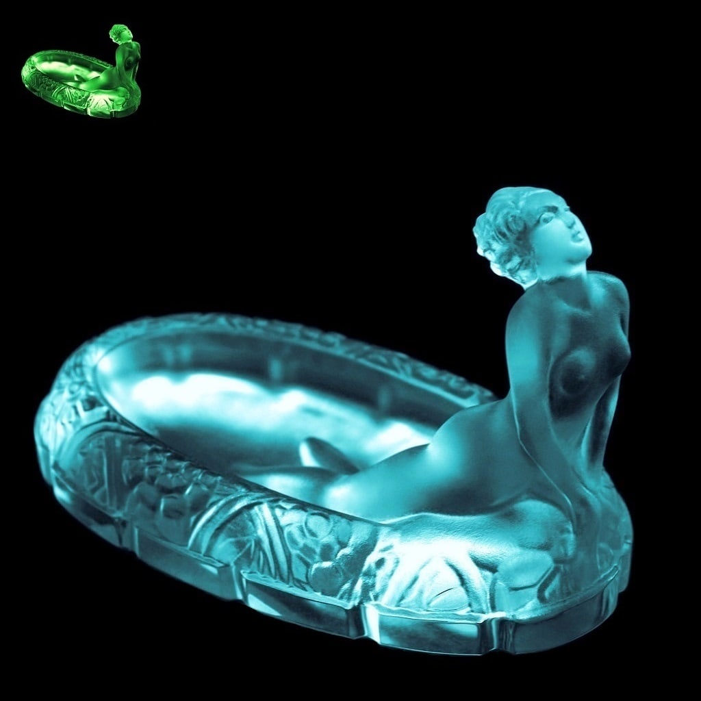 Art Deco Sculpture Aquamarine Uranium Glass Jewellery Bowl Statuette 1930' H.Hoffmann (1 of 4)