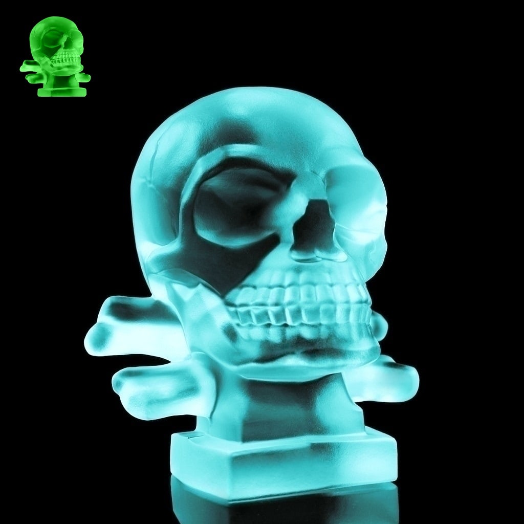 Art Deco Sculpture ' Skull ' Aquamarine Uranium Glass Statuette 1930' H.Hoffmann: This piece is a great addition to collection or a great gift. Top Quality Art Deco Aquamarine Cyan Vaseline Uranium Glass Car Mascot. This piece was made in Bohemia from ORIGINAL antique vintage molds