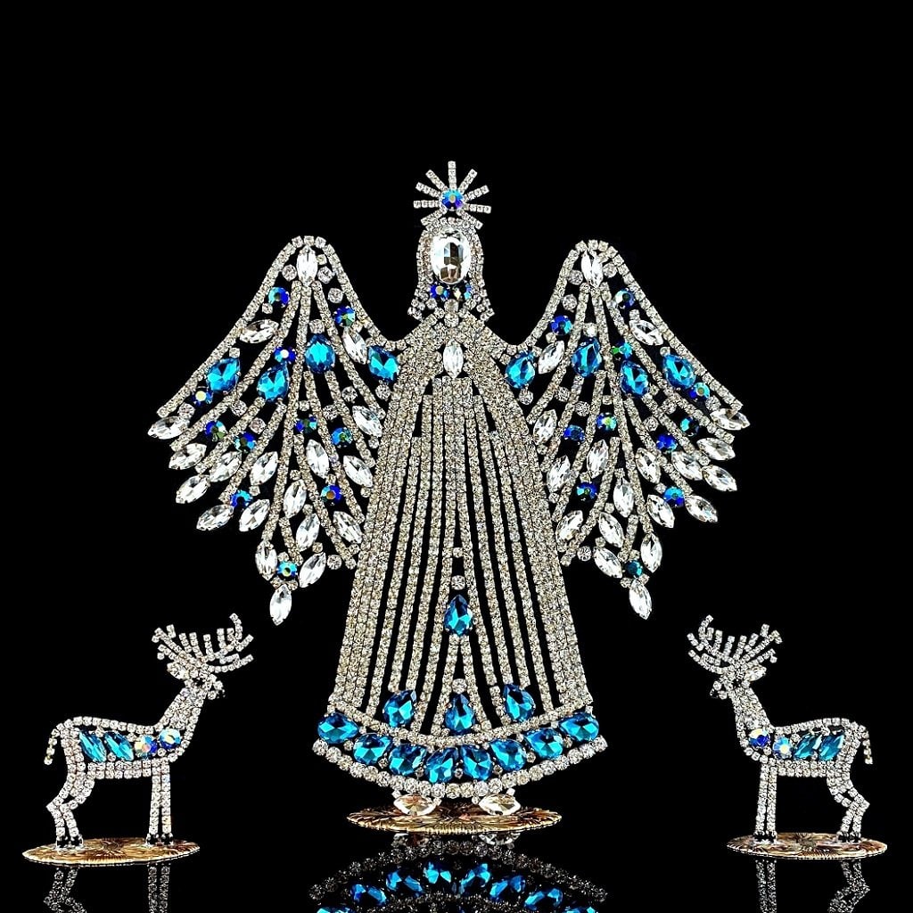 Vintage Rhinestones Standing Decorative Ornament ' Angel & Deers ' Christmas Set (1 of 2)
