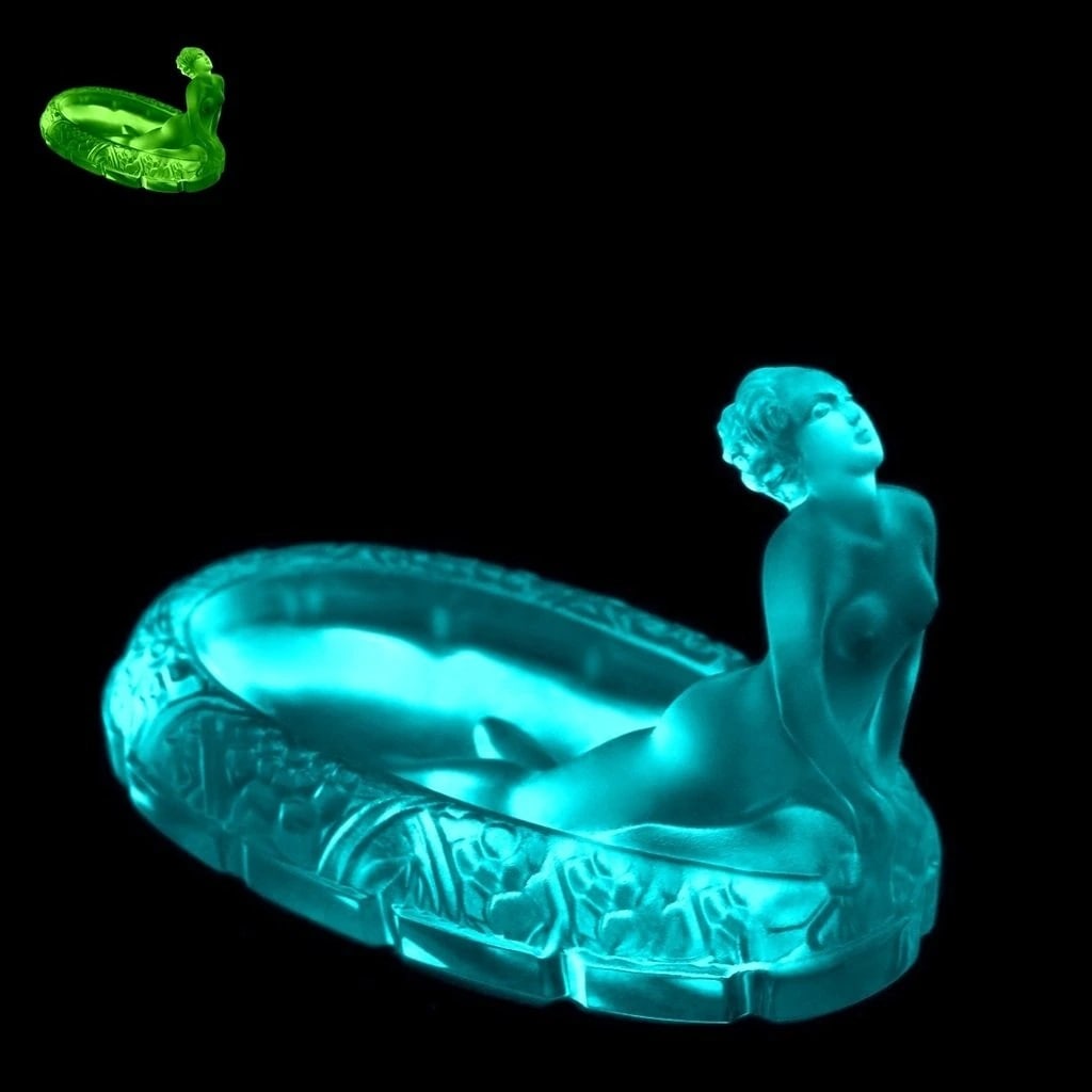 Art Deco Sculpture Rare Aquamarine Uranium Glass Jewellery Bowl 1930' H.Hoffmann by Lalique: Top Quality Art Deco Aquamarine Uranium Glass Bowl. This piece was made in Bohemia from ORIGINAL antique vintage molds that were used during the 1930's - 1939's. It is breathtaking high quality satin