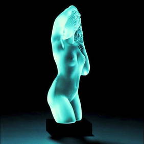 Art Deco Vaseline Aquamarine Cyan Glass Sculpture ' Beautiful Girl ' Hood Ornament 1930' H.Hoffmann (1 of 2)