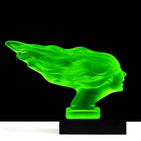 French Art Deco ' Speed Girl ' Green Vaseline Uranium Glass Hood Ornament Sculpture 1930' H.Hoffmann (1 of 3)