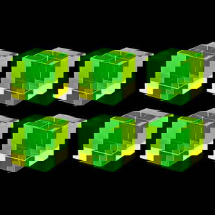 CZECH YELLOW URANIUM VASELINE COLLECTIBLE GLASS 6 CUBES: Hand made art work paperweight. Made of bright yellow translucent glass. Dyed with uranium salts, thus shines with neon-green light when illuminated with UV/black light. Superb quality hand work. Mass