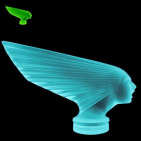 Art Deco Aquamarine Vaseline Uranium Glass ' VICTOIRE ' Hood Ornament 1930' H.Hoffmann by Lalique (1 of 4)