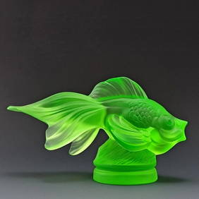 Art Deco Rare Green Uranium Glass Statuette ' Gold Fish ' Sculpture 1930' H.Hoffmann (1 of 2)