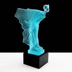 Art Deco Aquamarine Vaseline Glass Sculpture Rolls Royce ' Flying Lady ' 1930' H.Hoffmann (1 of 1)