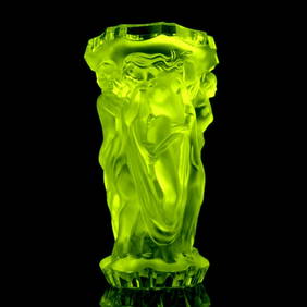 French Art Deco Vaseline Uranium Glass Bacchantes Large Figural Vase 1930' H.Hoffmann (1 of 2)