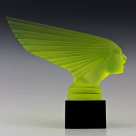 Art Deco 1930' Uranium Glass VICTOIRE Hood Ornament ' Spirit Of The Wind ' H.Hoffmann by Lalique (1 of 5)