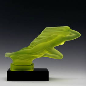 Art Deco Vaseline Uranium Glass ' Lady In The Wind ' Car Mascot Sculpture 1930' H.Hoffmann (1 of 3)