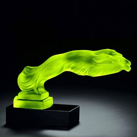 Art Deco Hood Ornament ' Greyhounds ' Vaseline Uranium Glass Sculpture 1930' H.Hoffmann (1 of 2)