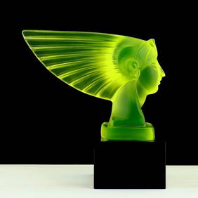 Art Deco Hood Ornament ' Pharaoh Head ' Vaseline Uranium Glass Sculpture 1930' H.Hoffmann (1 of 3)