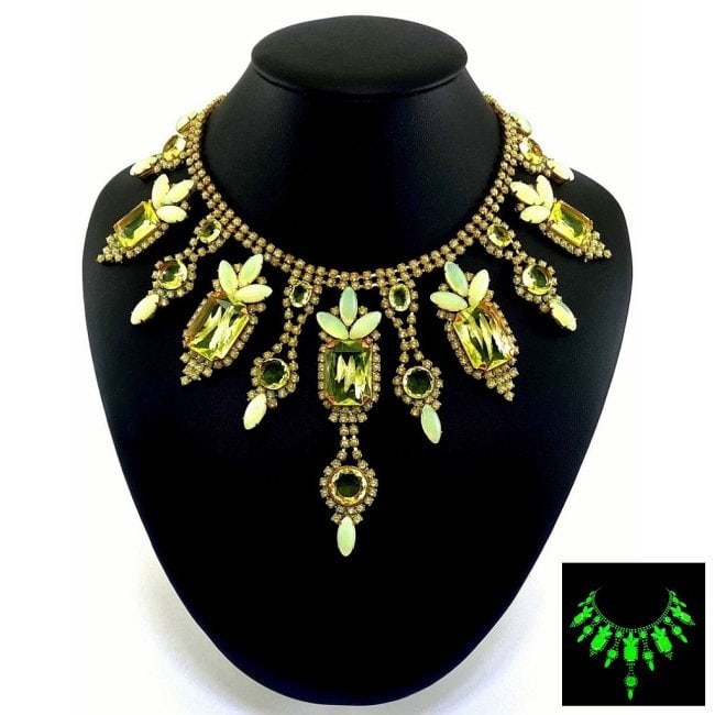 Art Deco Vaseline Uranium Glass Vintage Necklace: Really nice piece that glows beautifully under UV light. All the stones in this necklace are from uranium glass. Made in Czechoslovakia. Dimensions: Measures 19" including extender and clasp. Adjustab