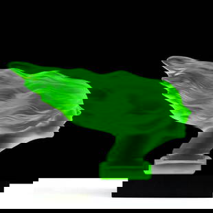 French Art Deco ' Speed Girl ' Green Vaseline Uranium Glass Hood Ornament Sculpture 1930' H.Hoffmann: Top Quality Green Vaseline Uranium Glass. This piece was made in Bohemia from ORIGINAL antique molds that were used during the 1930's - 1939's. It is breathtaking high quality satin finish glass sculp