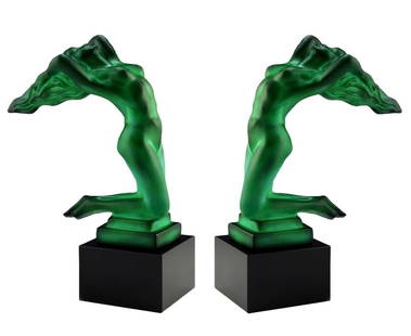 Bookends France Art Deco ' Chrysis ' Malachite Collectible Glass 1930' H.Hoffmann: These 2 figurines is a great addition to collection or a great gift. Timeless design - Top Qality Art Deco Collectible Glass Figurines. These pieces was made in Bohemia from the ORIGINAL antique vinta