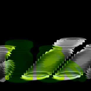 Vaseline Uranium Glass Bottles With Lids Apothecary Jars Trinket Boxes ( 2 pieces ): Very beautiful decoration to your house or office. Really nice piece that glows beautifully under uv light. Dimensions: Height 3 3/8 '' ( 8,5 cm ), Width 2 3/8 ( 6 cm ). Excelent Condition, no chips,