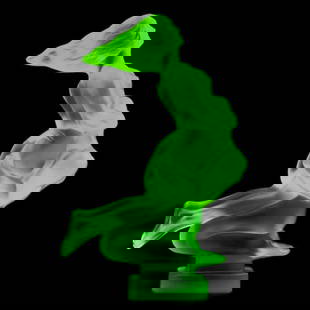 Art Deco Green Vaseline Uranium Glass ' Lovers ' Hood Ornament Sculpture 1930' H.Hoffmann: Top Quality Rare Green Vaseline Uranium Glass. This piece was made in Bohemia from ORIGINAL antique molds that were used during the 1930's - 1939's. It is BREATHTAKING high quality satin finish glass