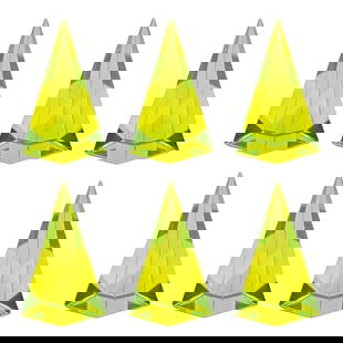 6 Pyramids Collectible Glass Paperweights ' Yellow ' Vaseline Uranium Glass: Hand made art work paperweights. Made of bright yellow translucent glass. Dyed with uranium salts, thus shines with neon-green light when illuminated with UV/black light. Superb quality hand work.