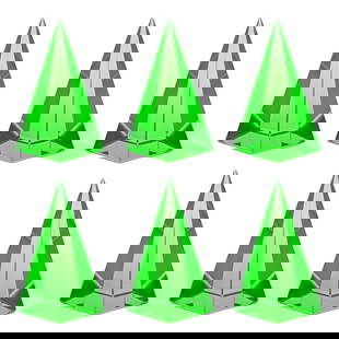6 Pyramids Collectible Glass ' Light Green ' Vaseline Uranium Glass Paperweights: Hand made art work paperweights. Made of bright yellow translucent glass. Dyed with uranium salts, thus shines with neon-green light when illuminated with UV/black light. Superb quality hand work.