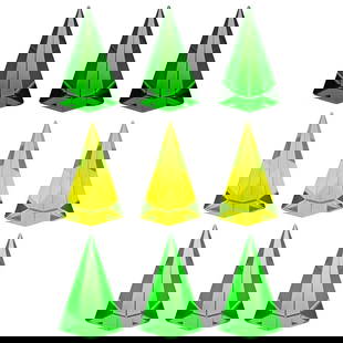 9 Pyramids Collectible Glass ' Green, Yellow, Light Green ' Vaseline Uranium Glass Paperweights: Hand made art work paperweights. Made of bright yellow translucent glass. Dyed with uranium salts, thus shines with neon-green light when illuminated with UV/black light. Superb quality hand work.