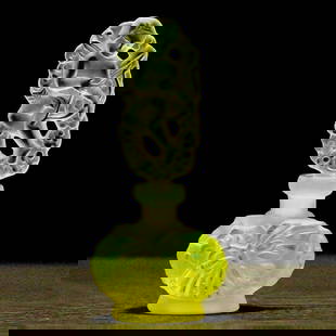 Art Deco 1930' Collectible Perfume Bottle ' Angel of Love & Butterfly ' Bohemian Uranium Glass: Top Quality Art Deco Vaseline Uranium Glass Perfume Bottle. This piece was made in Bohemia from ORIGINAL antique molds that were used during the 1930's - 1939's. It is breathtaking high quality satin