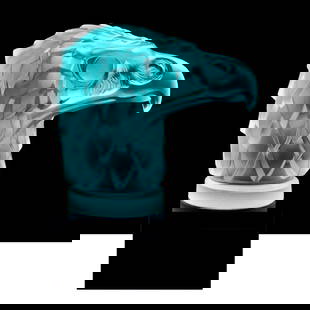Art Deco Hood Ornament Head Eagle Aquamarine Vaseline Glass Sculpture 1930' H.Hoffmann by Lalique: Top Quality Aquamarine Cyan Vaseline Art Deco Glass. This piece was made in Bohemia from ORIGINAL antique molds that were used during the 1930's - 1939's. It is breathtaking high quality satin finish